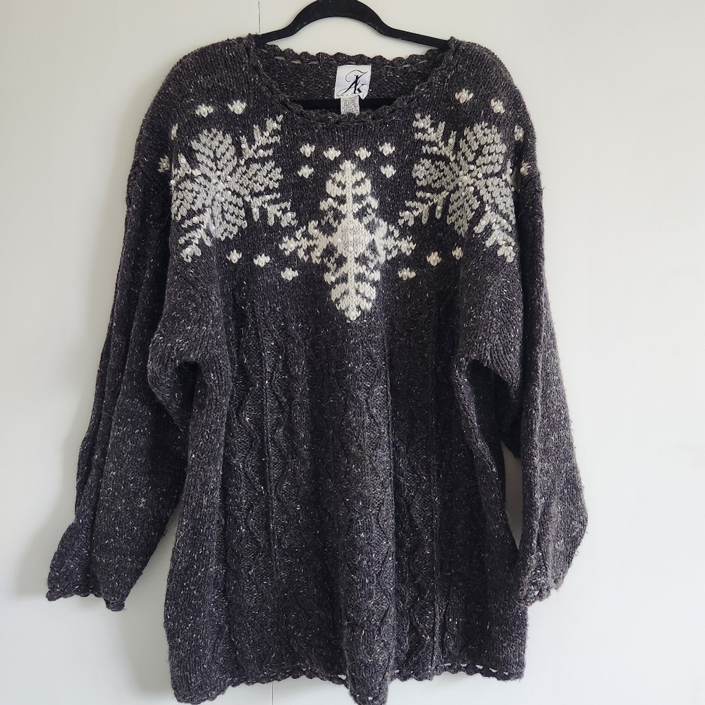 Anne Klein Charcoal and Cream Fair Isle Cable-Knit Sweater - Picture 1 of 7